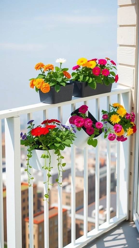 A balcony with vibrant flower pots hanging from the railings, showcasing various colorful plants.