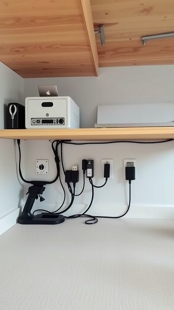 A clean and organized under-desk space showing a computer, printer, and neatly arranged cables.