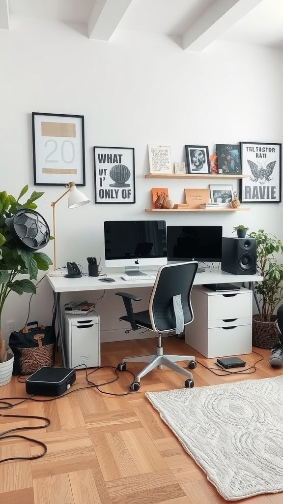 A modern home office setup with a computer desk, dual monitors, and organized workspace.