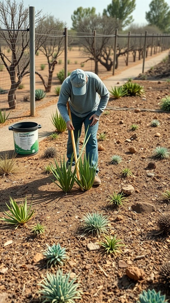 Person tending to a dry garden, focusing on plant care.