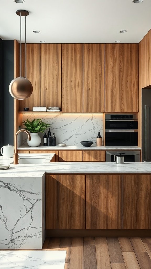 A modern kitchen featuring a combination of marble countertops and wooden cabinets.