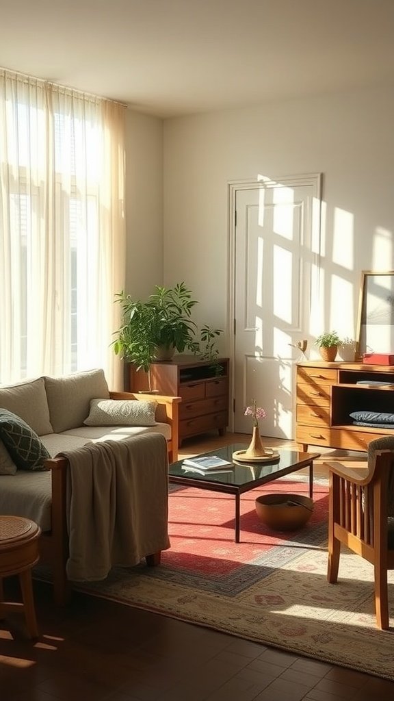 A bright and cozy living room featuring large windows, light curtains, and wooden furniture.