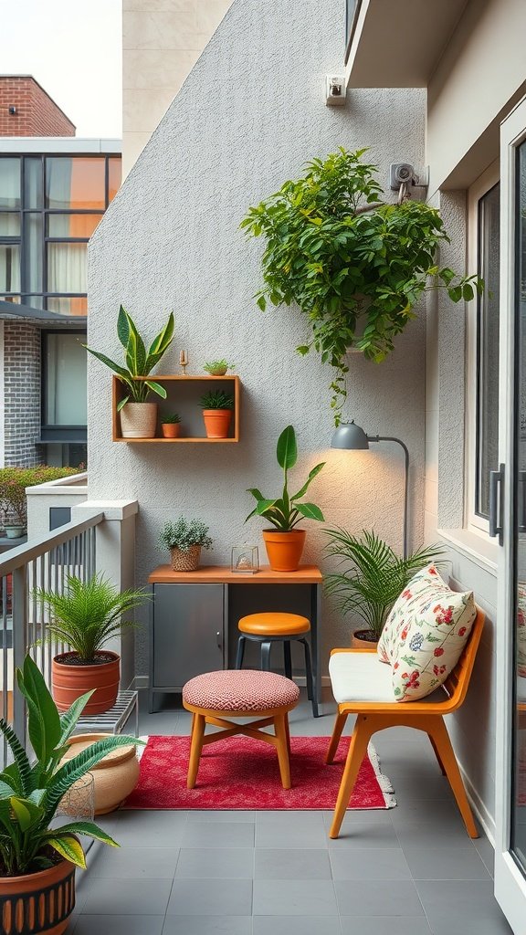 A small balcony with plants, a cozy chair, and a stylish pouf.