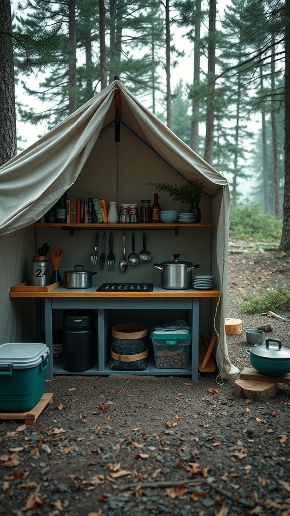 A well-organized outdoor camping kitchen setup under a tent, surrounded by trees.