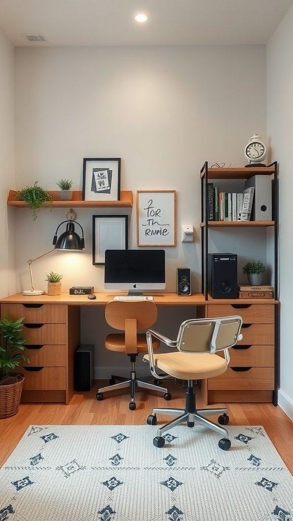 Cozy small home office with a desk, chair, and shelves.