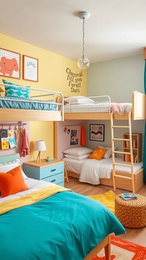 A colorful bedroom with bunk beds and a separate bed, styled for siblings.