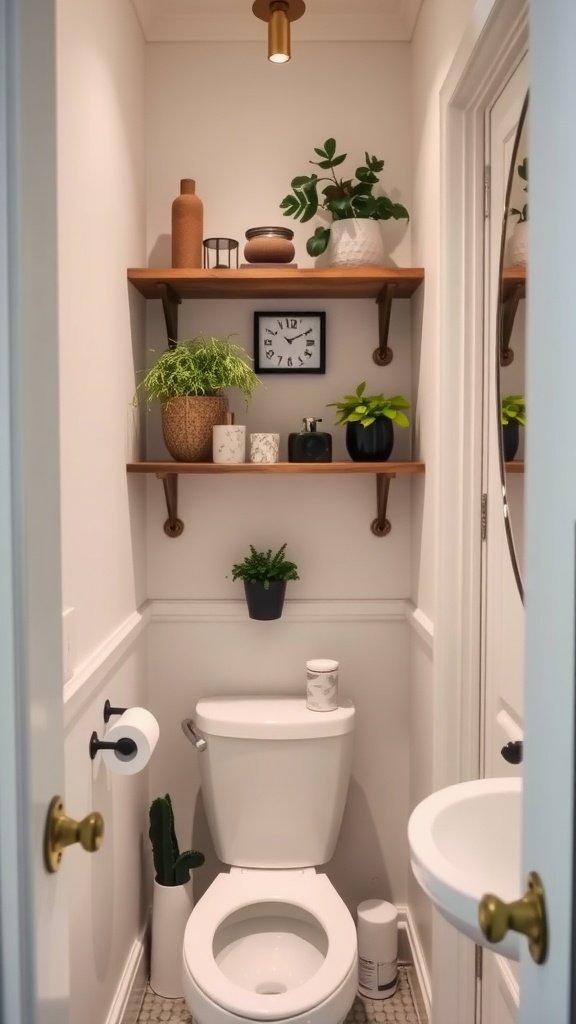A small bathroom featuring floating shelves with plants and decor items, showcasing a stylish and organized space.