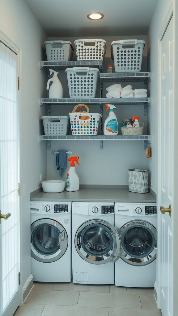 A small laundry room featuring organized vertical storage with wood shelves, baskets, and modern washer and dryer.