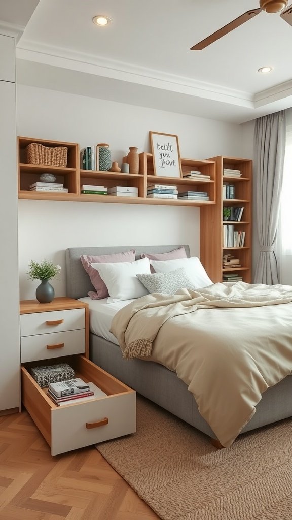 A cozy bedroom featuring a bed with storage drawers and shelves above, showcasing a stylish and organized space.