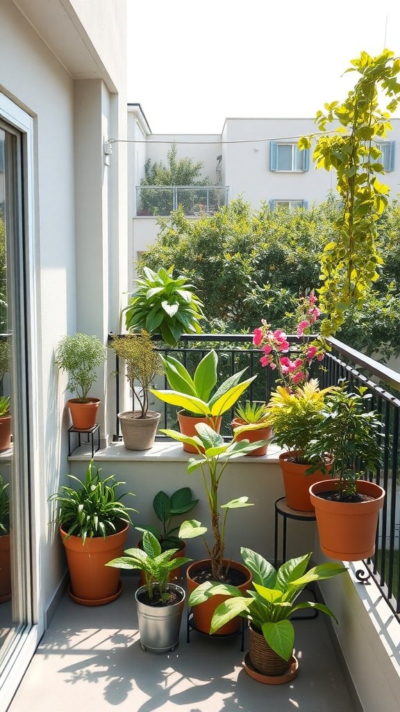 A sunny balcony filled with various potted plants.