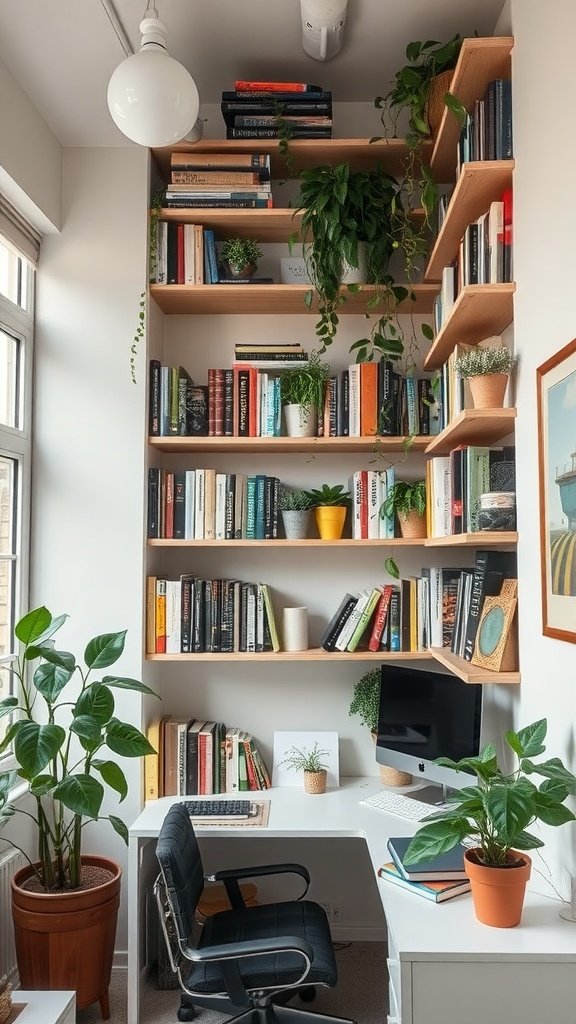 A small home office with tall shelves filled with books and plants, featuring a simple desk and chair setup.