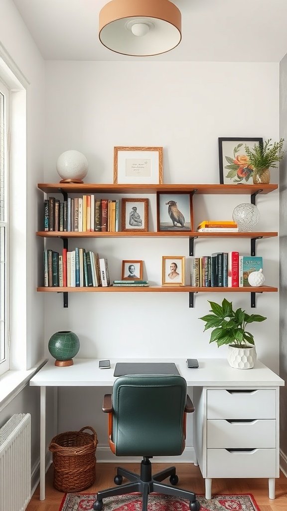 A modern home office setup with shelves displaying books and decorative items.