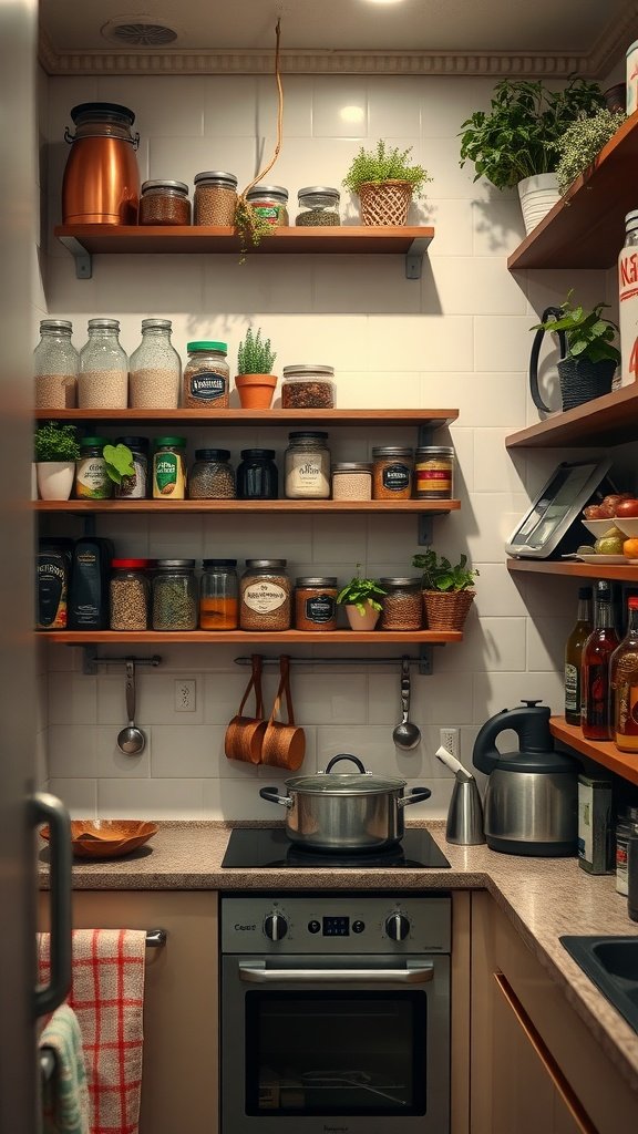 A small kitchen with wooden shelves displaying jars, spices, and plants.
