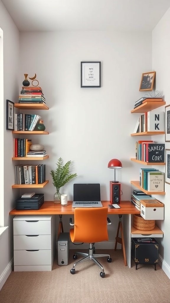 Cozy small home office with vertical shelving and an orange chair.