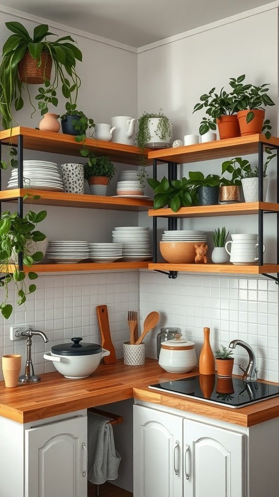 Open shelving in a small kitchen with plants and dishes