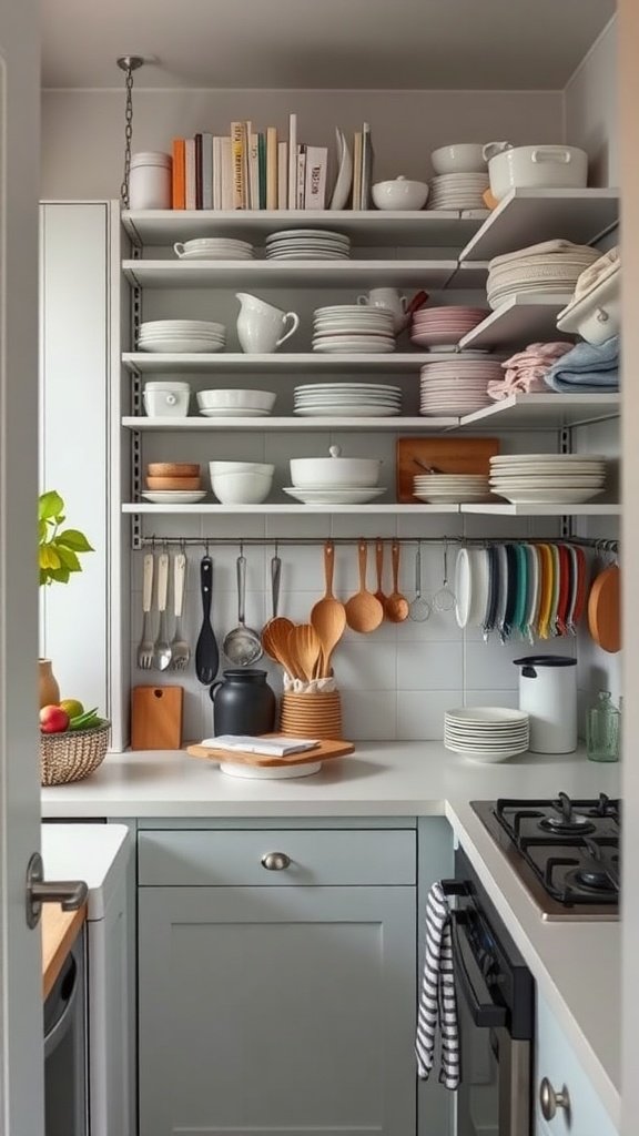 A cozy tiny kitchen with vertical shelving displaying plates, cups, and kitchen utensils.