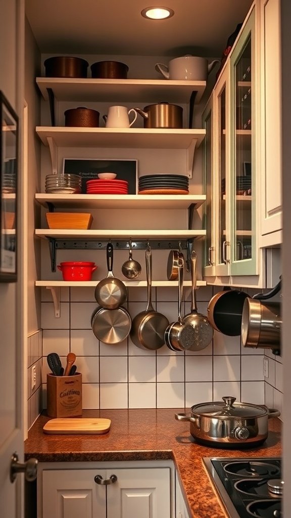 Small kitchen corner with shelves displaying pots and crockery