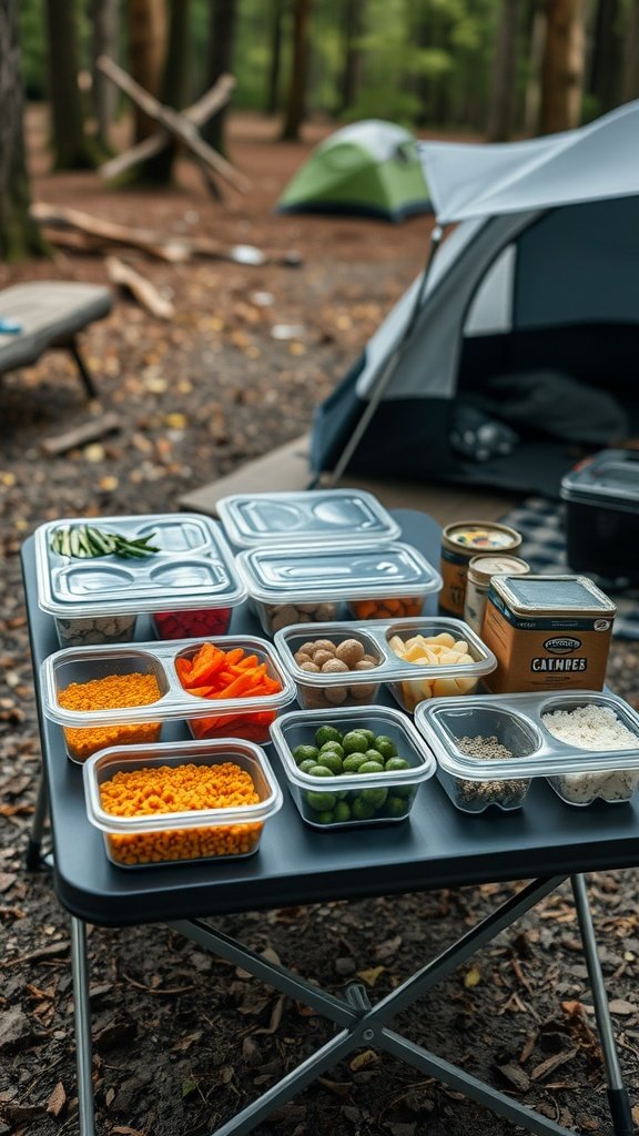 A camping kitchen setup with various food ingredients neatly stored in containers on a table in a forested area.