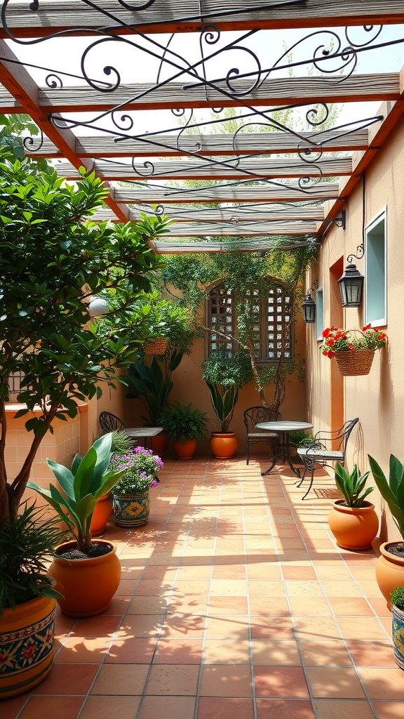 Mediterranean inspired patio with terracotta tiles and plants