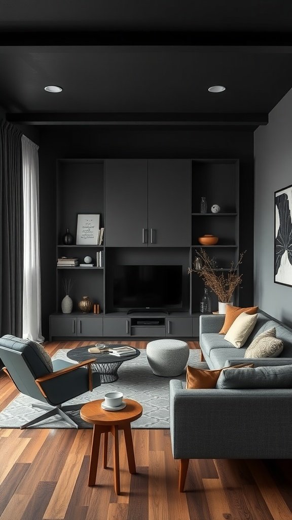 A stylish living room featuring mid-century modern furniture and dark decor.