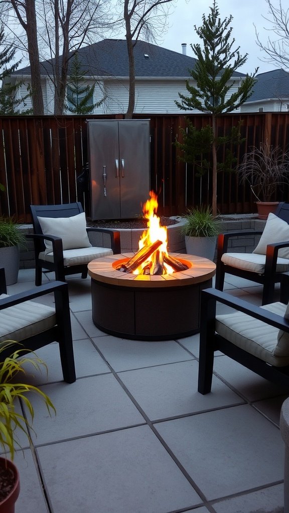 Small garden patio with a mini fire pit and seating