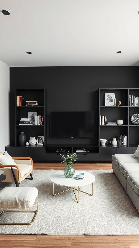 A minimalist black shelving unit in a modern living room.