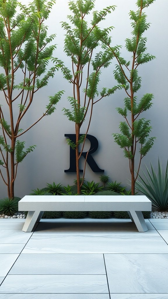 A minimalist concrete bench surrounded by greenery in a garden setting.