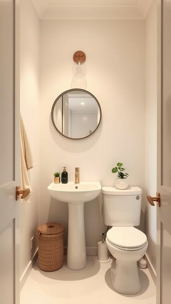 A minimalist half bathroom featuring a small sink, toilet, and a touch of greenery.