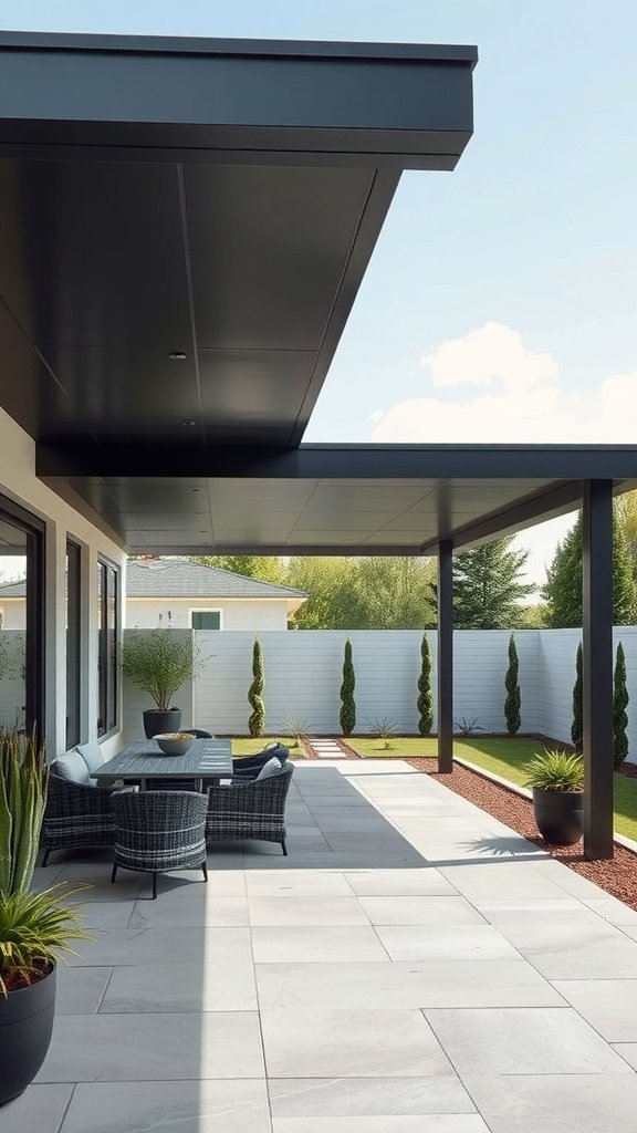 A modern patio with sleek minimalist roof lines and stylish outdoor furniture.