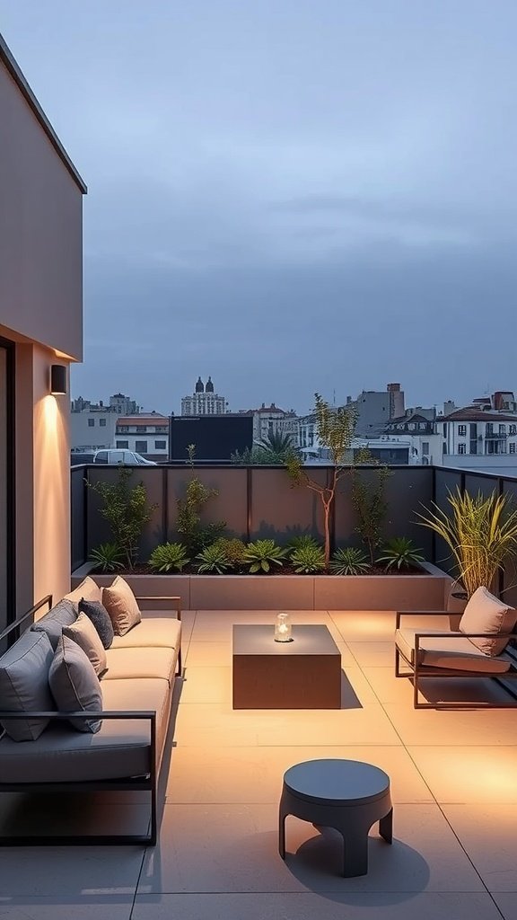 A minimalist outdoor sitting area featuring two chairs and a small table surrounded by plants.