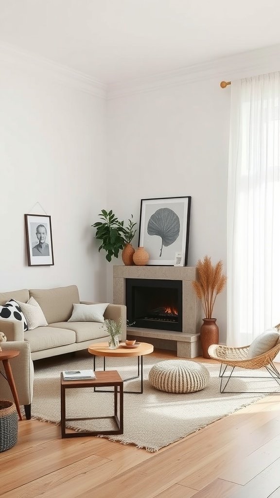 Minimalist earthy living room with olive couch, wooden tables, and plants.