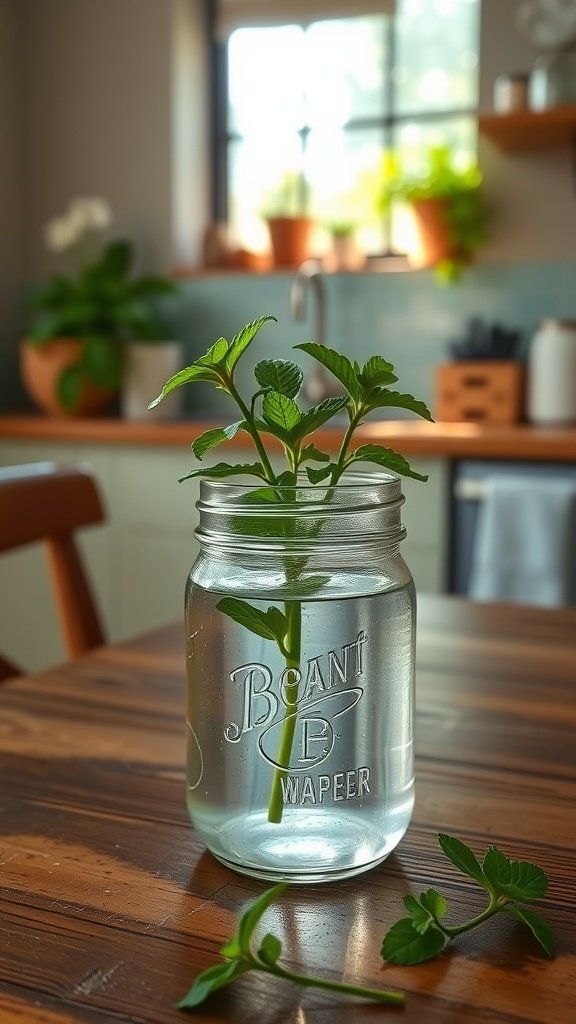 A sprig of mint growing in water inside a jar on a wooden table.