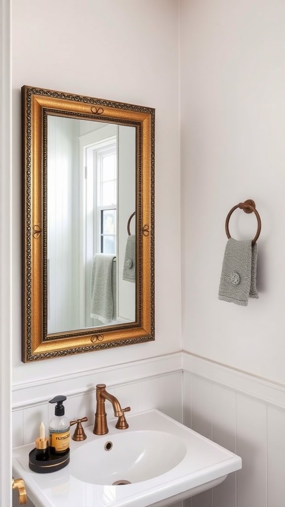 A stylish half bathroom featuring a decorative mirror above a sink.