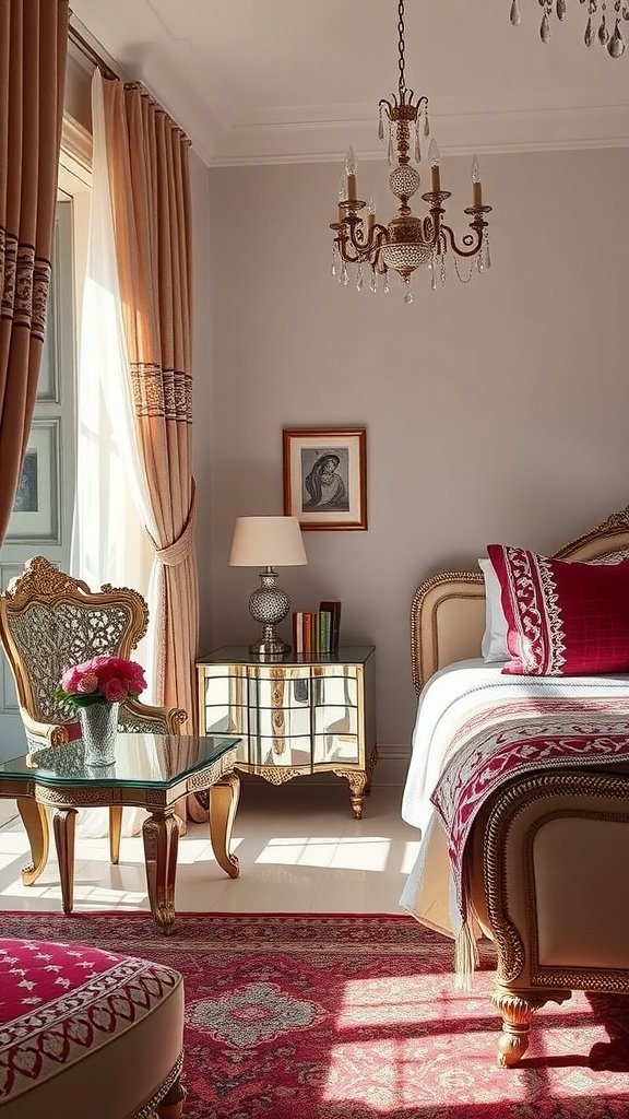 A beautifully decorated Indian bedroom featuring mirrored furniture and rich colors.