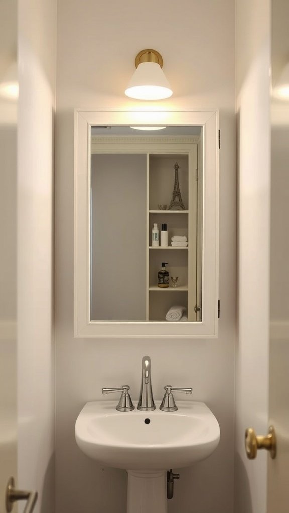 A small bathroom featuring a mirrored cabinet, sink, and shelf.
