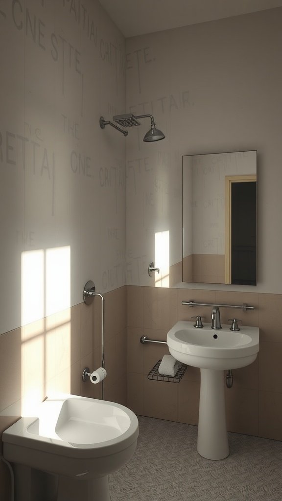 A half bathroom featuring a modern sink, toilet, and a large mirror reflecting light.