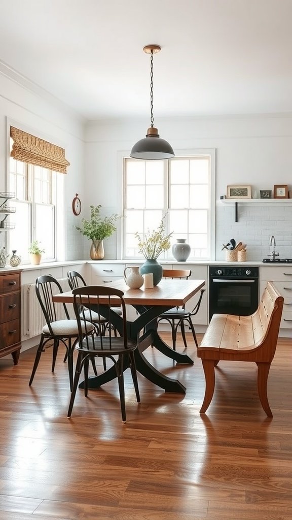 A stylish kitchen with mixed seating options including a wooden bench and various chairs around a table, creating a cozy and inviting atmosphere.