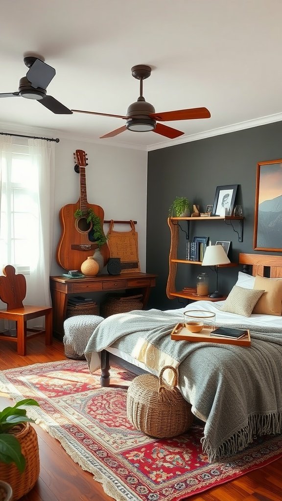 A cozy bedroom featuring a blend of modern and rustic decor elements.