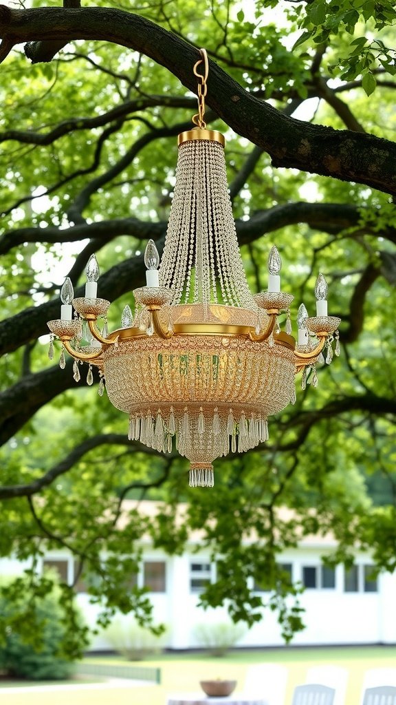 Mixed material chandelier hanging from a tree