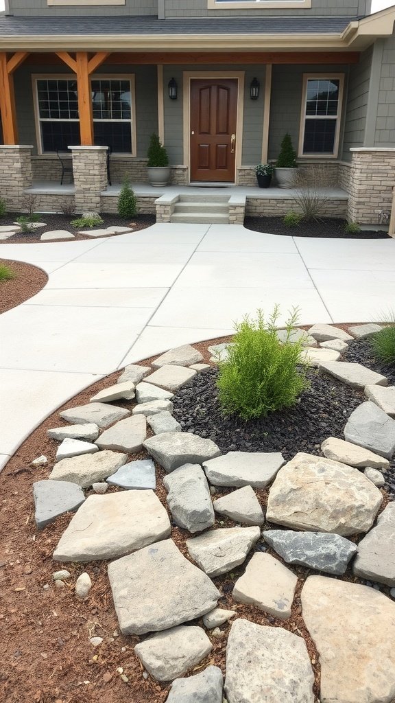 A modern front yard with mixed materials featuring stone pathways and plants.