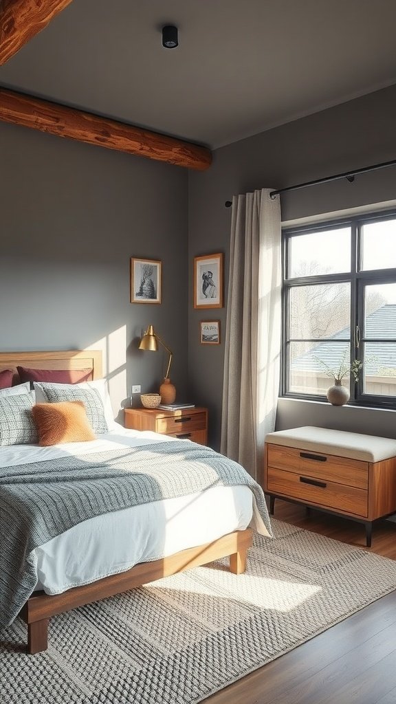 A modern rustic bedroom featuring a cozy bed, wooden accents, and green plants.