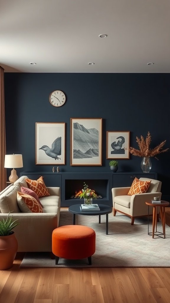 A cozy living room featuring navy walls, a navy sofa, and earthy accents, showcasing a stylish decor mix.