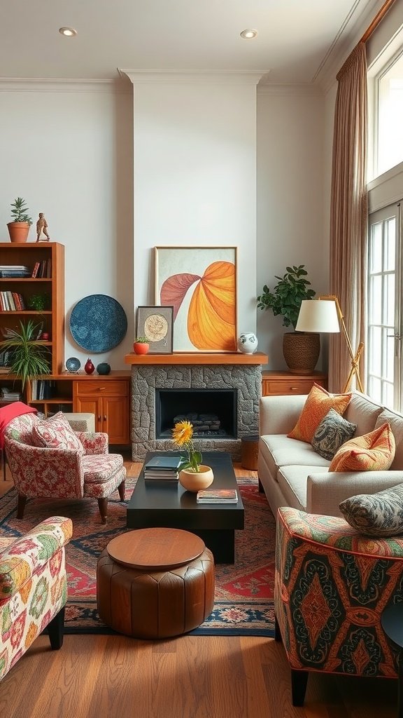 Colorful living room with patterned chairs, neutral sofa, and artistic decor.