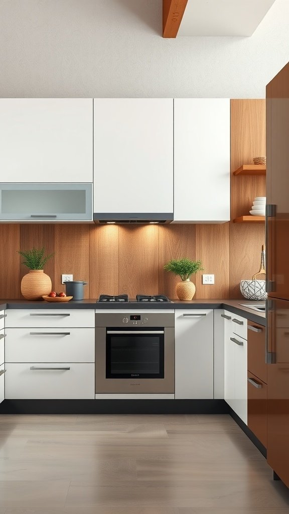 Two-tone kitchen with tan lower and white upper cabinets, featuring a modern design.