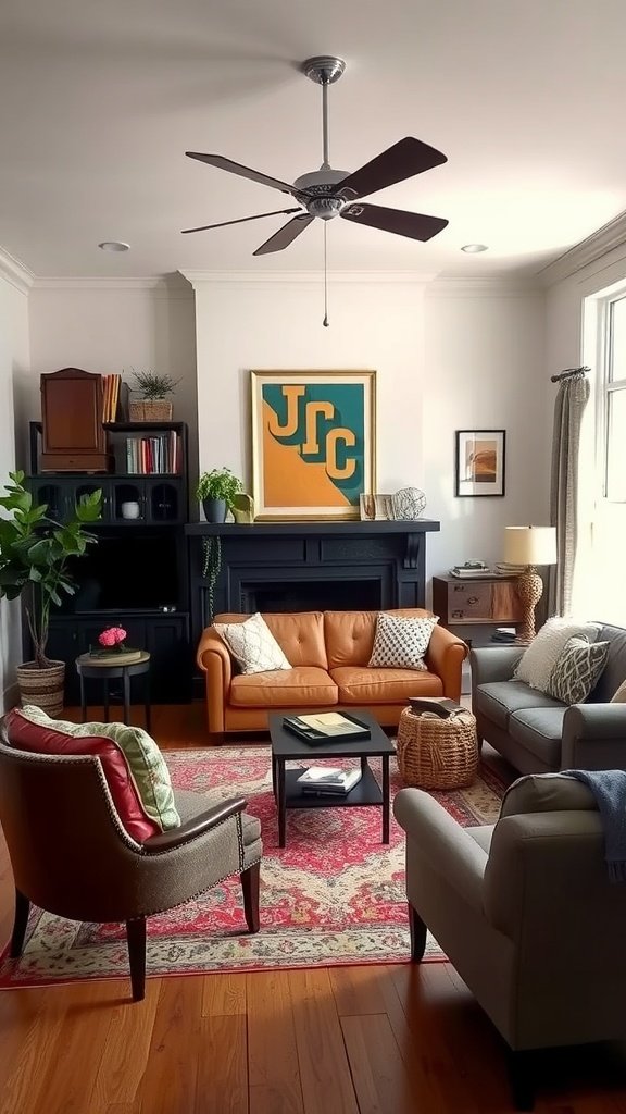 A stylish living room featuring a vintage orange sofa and modern chairs.