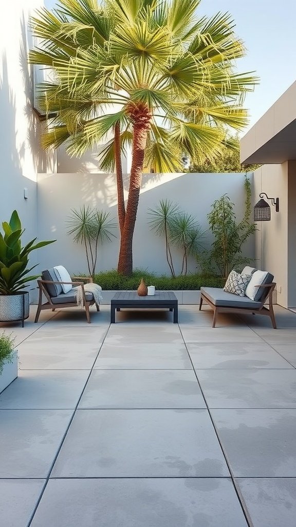 A modern patio featuring large concrete square tiles, surrounded by greenery and furniture.
