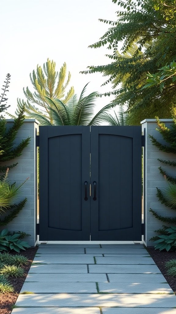 A modern farmhouse gate with clean lines and a sleek design, surrounded by greenery.