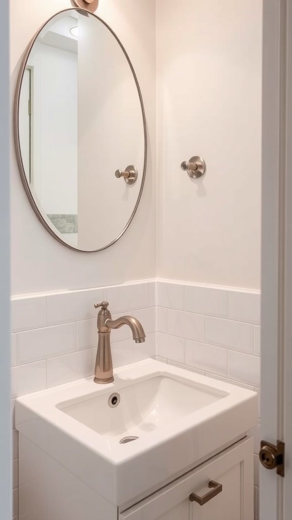 A modern half bathroom featuring a sleek faucet, minimalist design, and a stylish mirror.