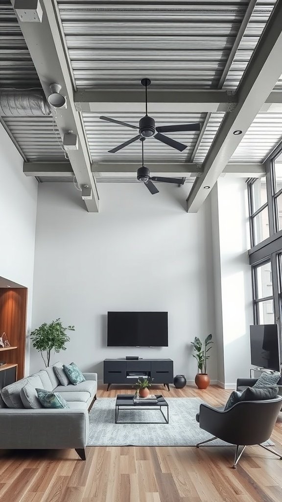 Modern living room with metal ceiling beams and stylish furniture