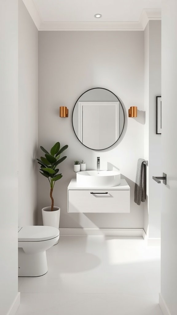 A modern minimalist half bathroom with a round mirror, sleek sink, and a small plant.